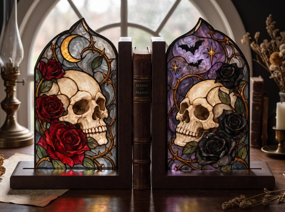 Gothic Skull stained glass bookend set in a styled home interior