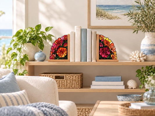 Vibrant Floral Stained Glass Bookends with Wood Bases displayed in natural light