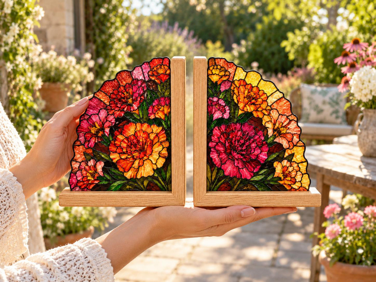 Vibrant Floral bookend set arranged for indoor display