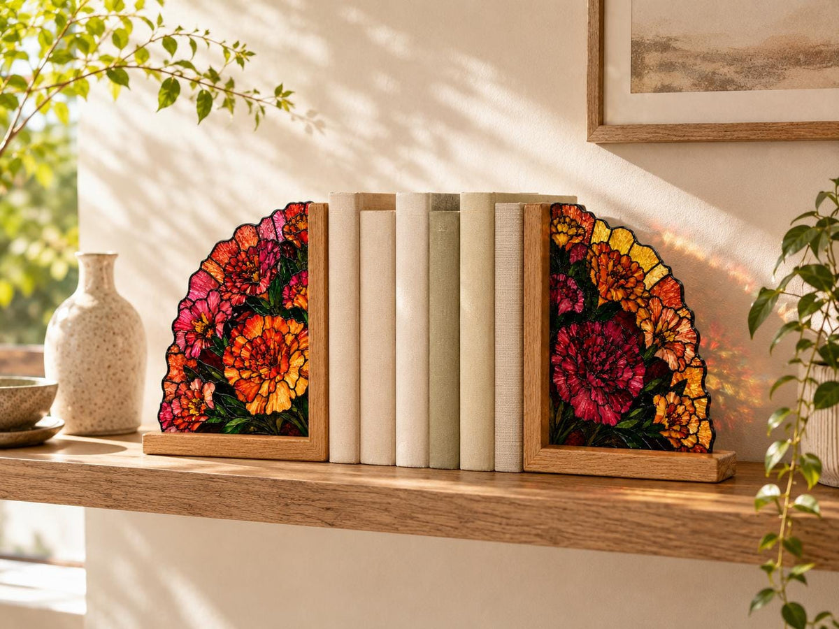 Vibrant Floral glass bookend set near a bright window