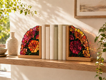 Vibrant Floral glass bookend set near a bright window