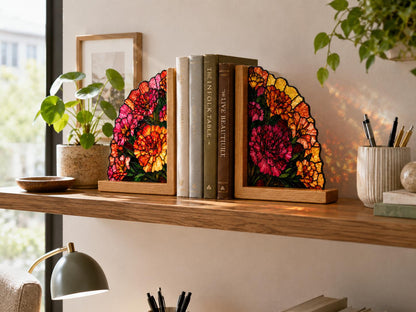 Vibrant Floral stained glass bookend set in a styled home interior