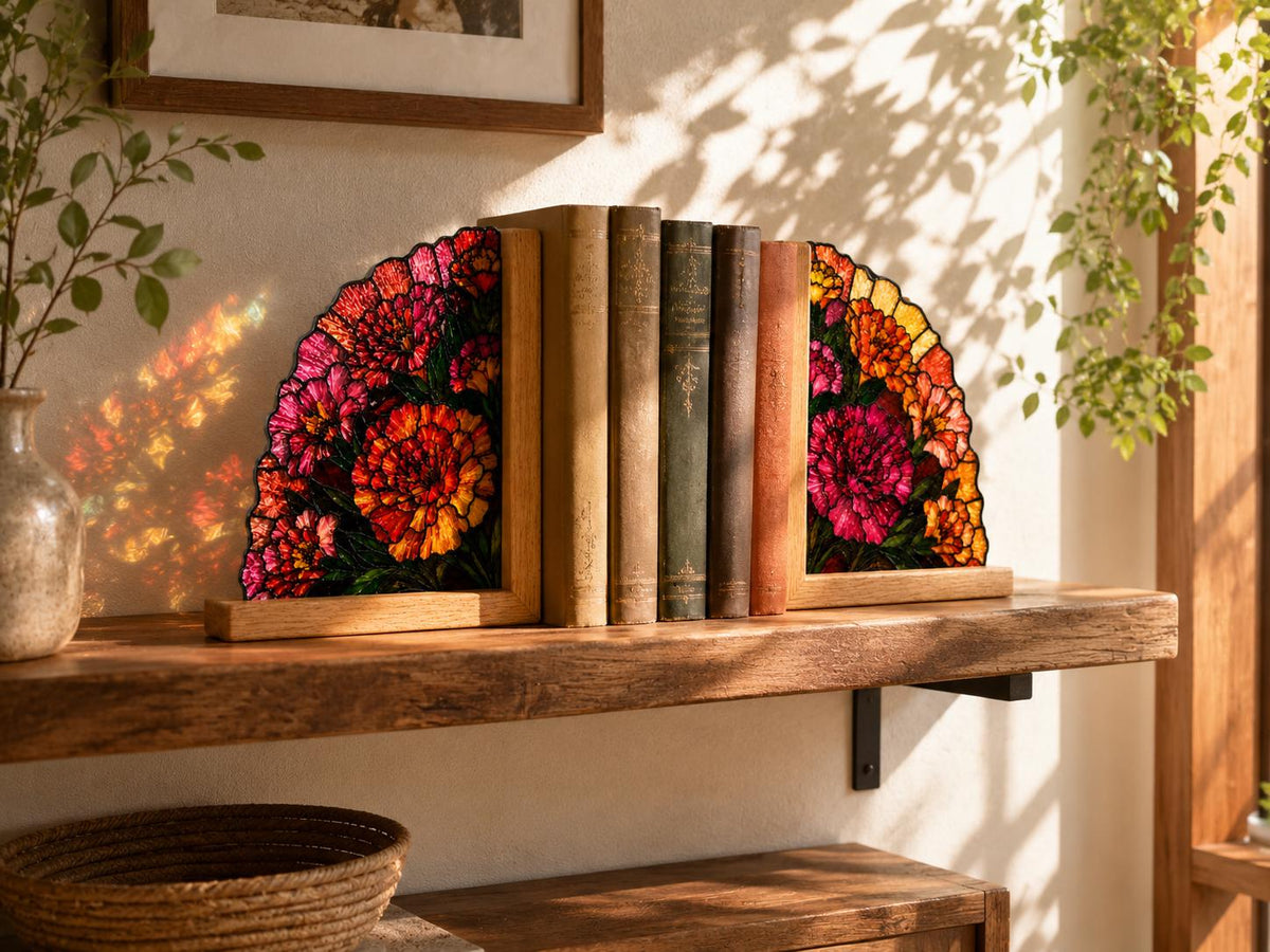 Detail view of the vibrant floral stained glass artwork