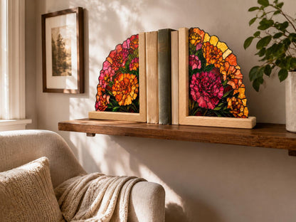 Angled view of the vibrant floral glass artwork