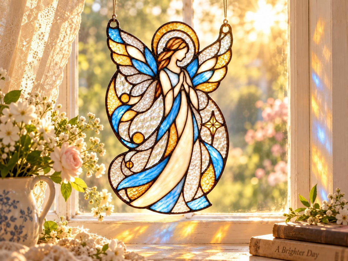 Praying angel stained glass ornament glowing against a bright window