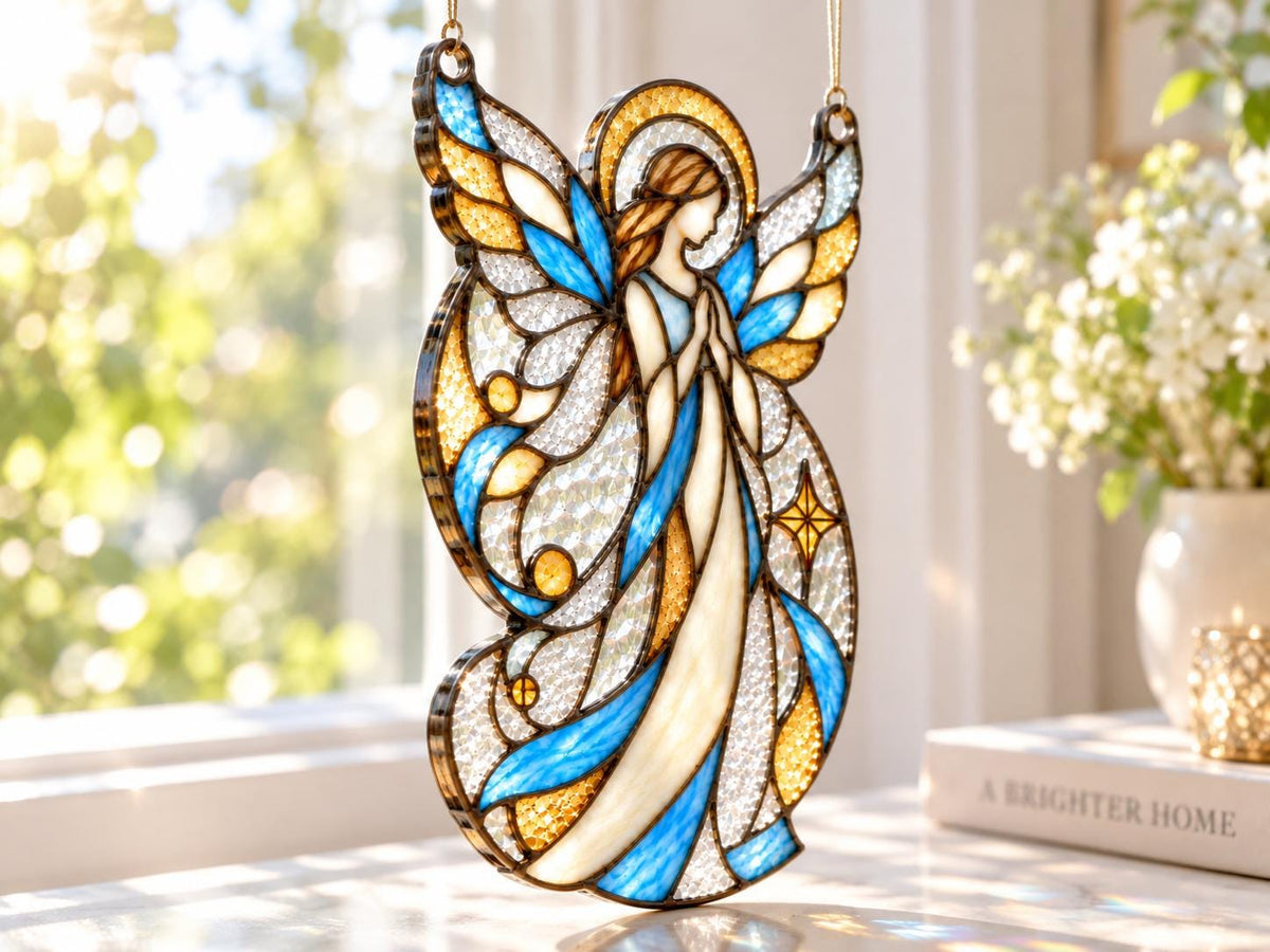 Blue and gold guardian angel glass ornament hanging in natural light