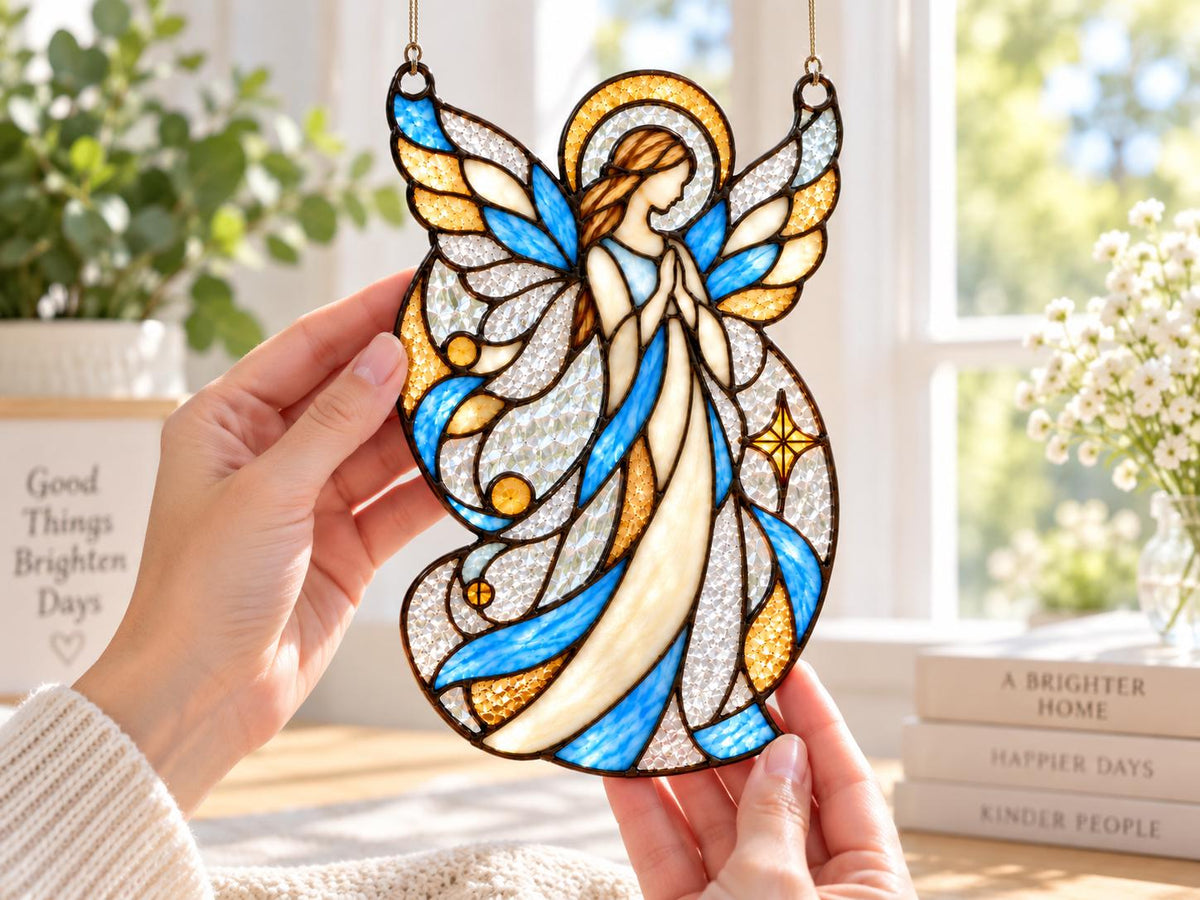 Hand holding the praying angel suncatcher to show its scale