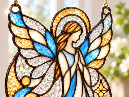 Detail of the angel halo blue wings and two upper hanging rings