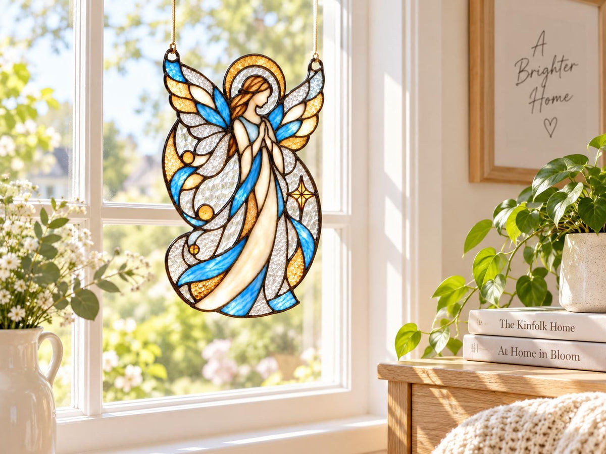 Full view of a blue and amber praying angel ornament in a window