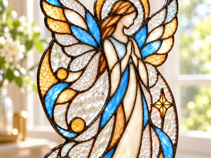 Close view of the praying angel design with textured glass wings and robe