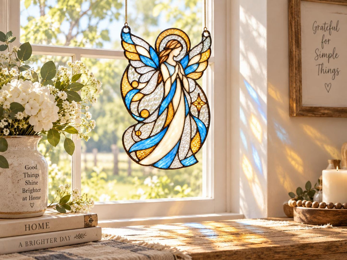 Blue gold and clear angel suncatcher displayed in a sunny home window