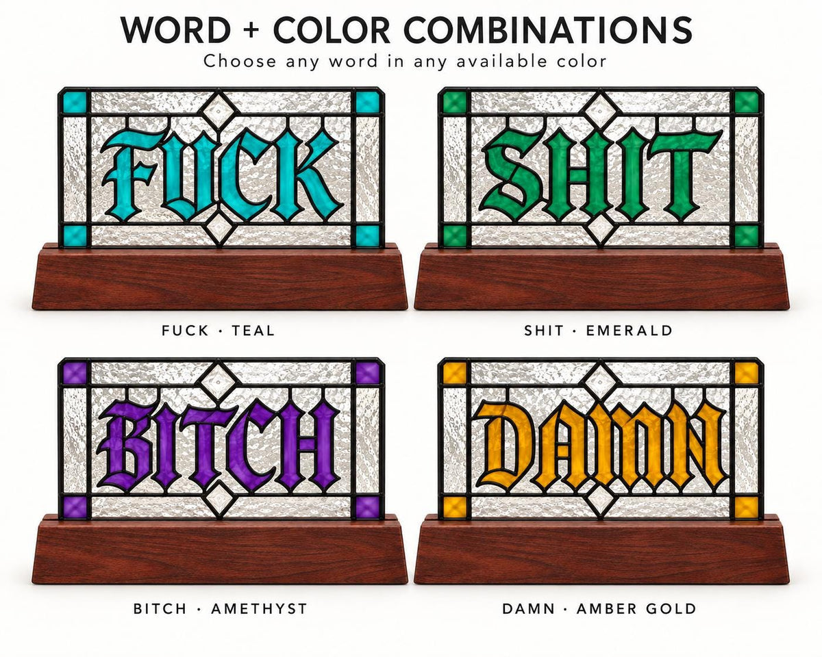 Angled view of the funny swear word sign glass artwork