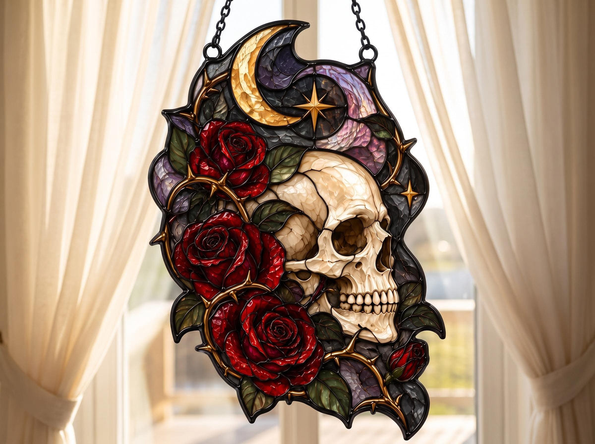 Gothic Skull stained glass hanging suncatcher in a styled home interior