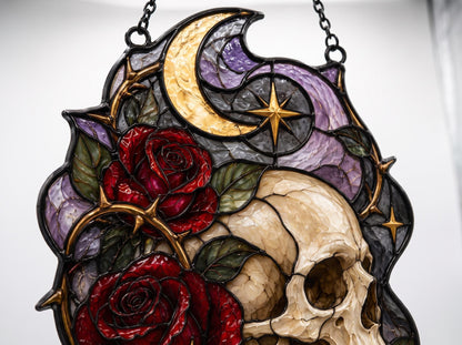 Angled view of the gothic skull glass artwork