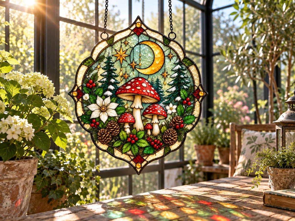 Front view of the mushroom forest stained glass hanging suncatcher
