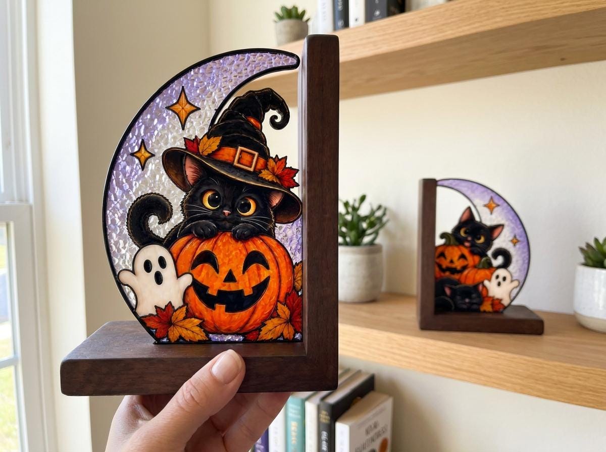 Black Cat Pumpkin Halloween glass bookend set near a bright window