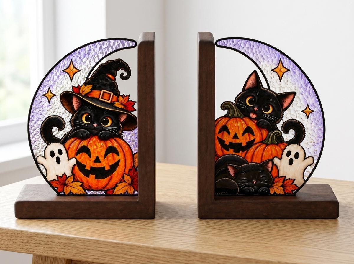Detail view of the black cat pumpkin halloween stained glass artwork