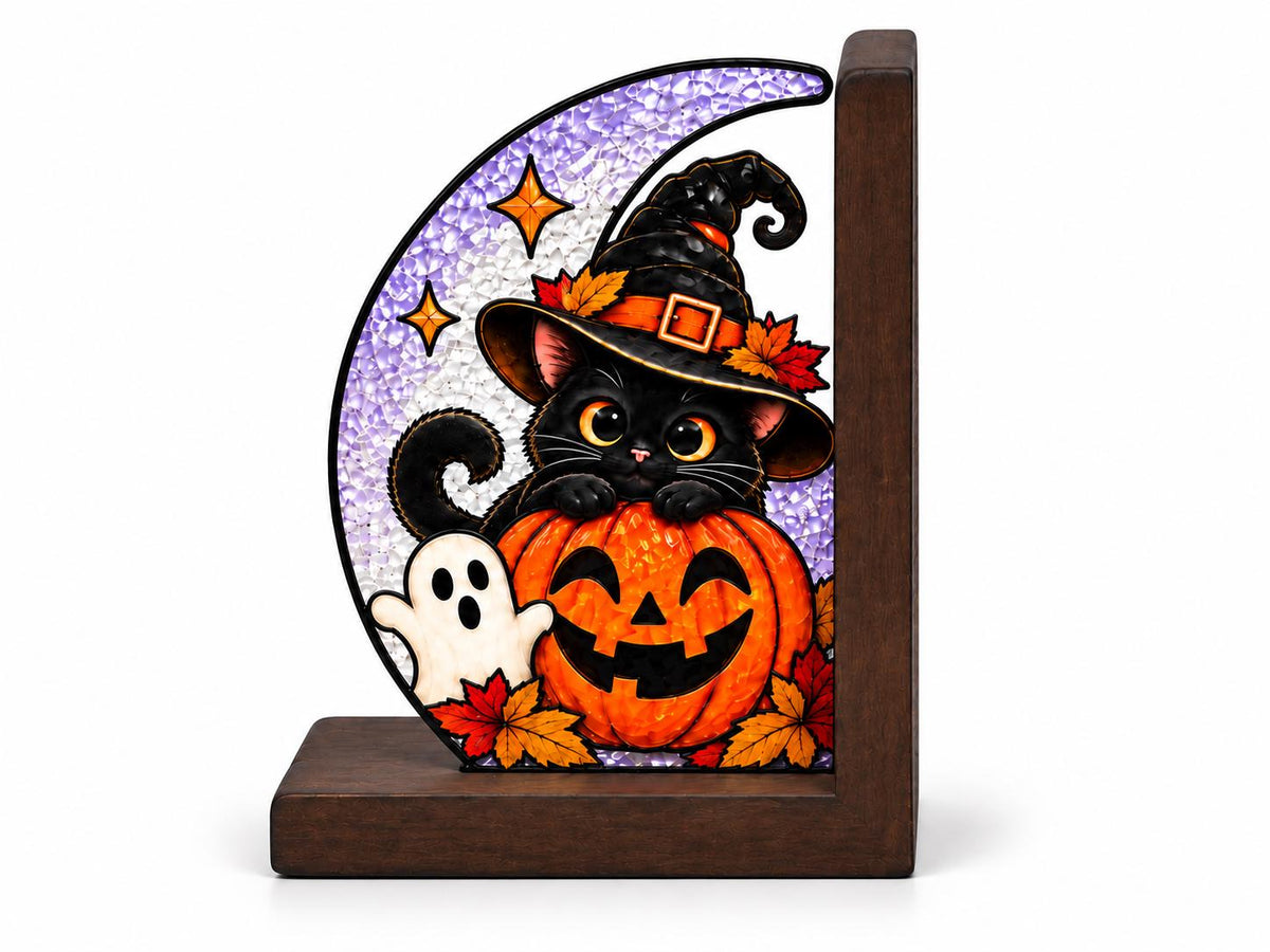 Black Cat Pumpkin Halloween stained glass bookend set in a styled home interior