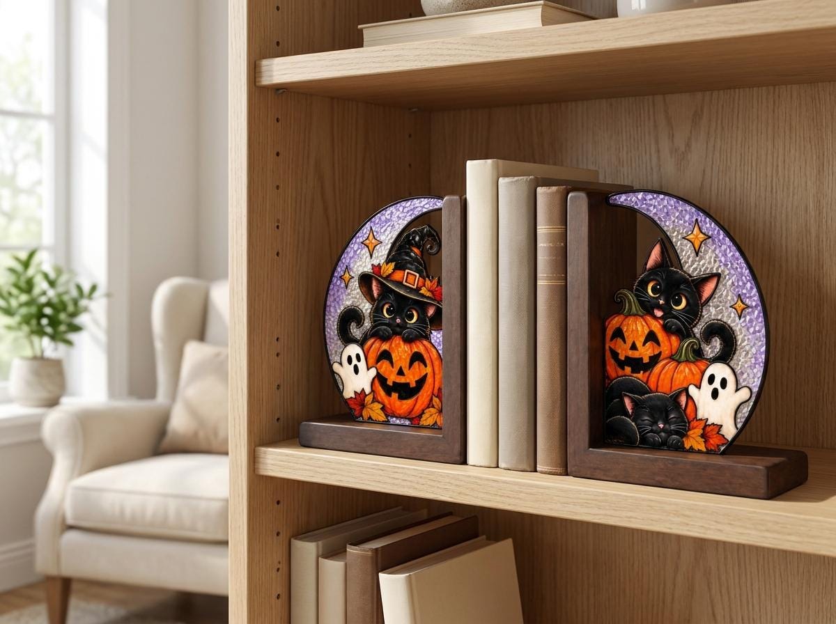 Front view of the black cat pumpkin halloween stained glass bookend set