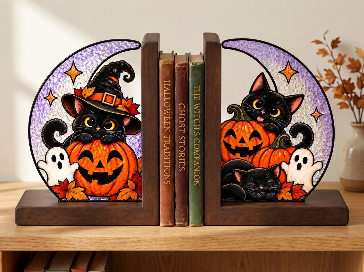 Black Cat Pumpkin Halloween Stained Glass Bookends with Wood Bases