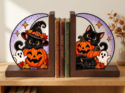 Black Cat Pumpkin Halloween stained glass bookend set in a styled home interior