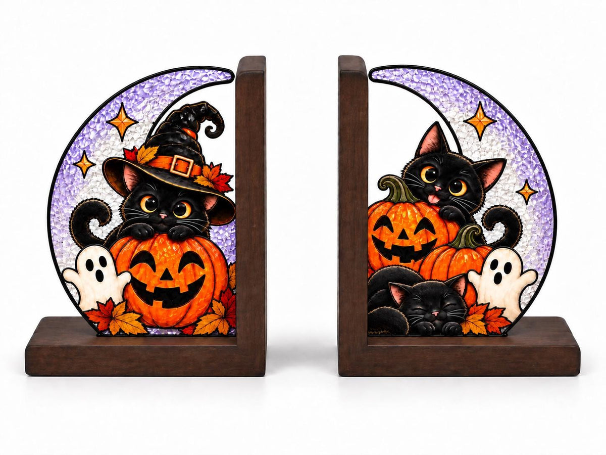 Black Cat Pumpkin Halloween Stained Glass Bookends with Wood Bases displayed in natural light