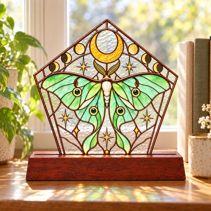 Luna Moth Stained Glass Tabletop Decor with Wood Base displayed in natural light