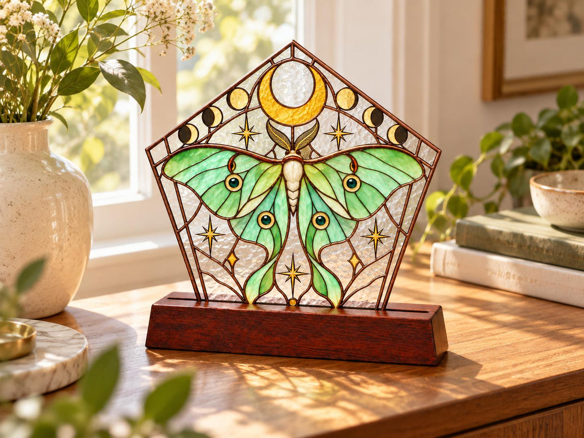 Luna Moth glass tabletop glass decor near a bright window