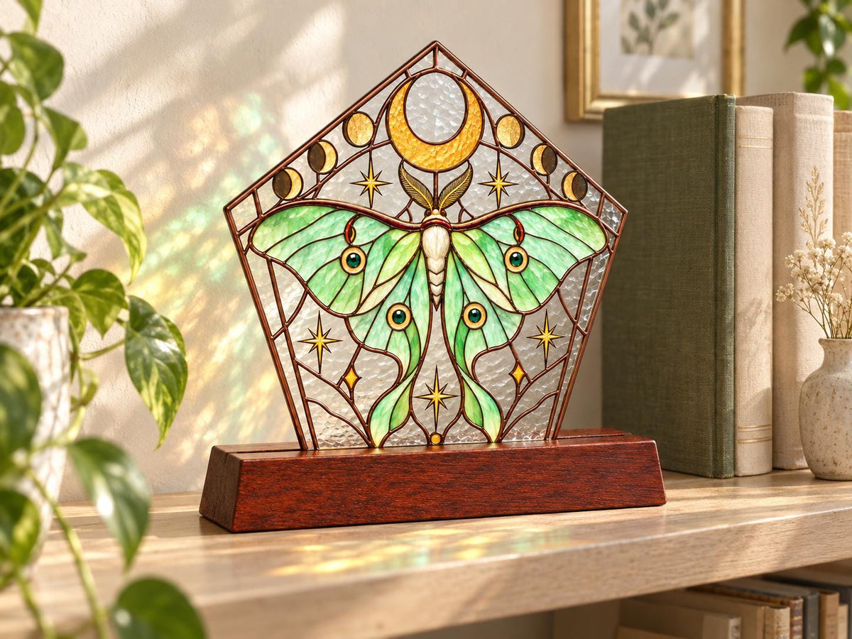 Luna Moth stained glass tabletop glass decor in a styled home interior
