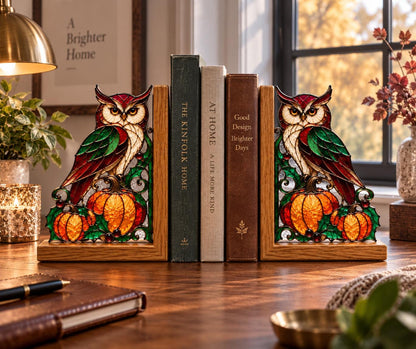 Angled view of the owl pumpkin glass artwork