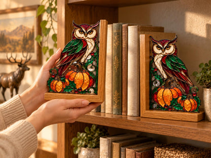 Owl Pumpkin Stained Glass Bookends with Wood Bases displayed in natural light