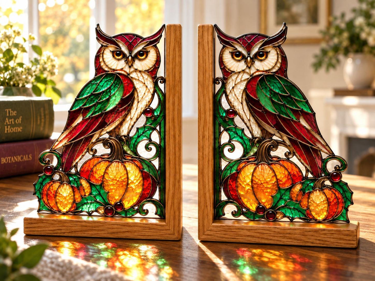 Owl Pumpkin bookend set arranged for indoor display
