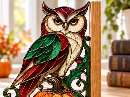 Owl Pumpkin Stained Glass Bookends with Wood Bases displayed in natural light