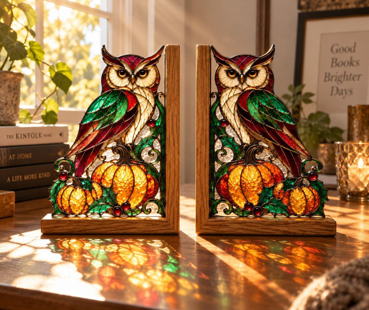 Owl Pumpkin stained glass bookend set in a styled home interior