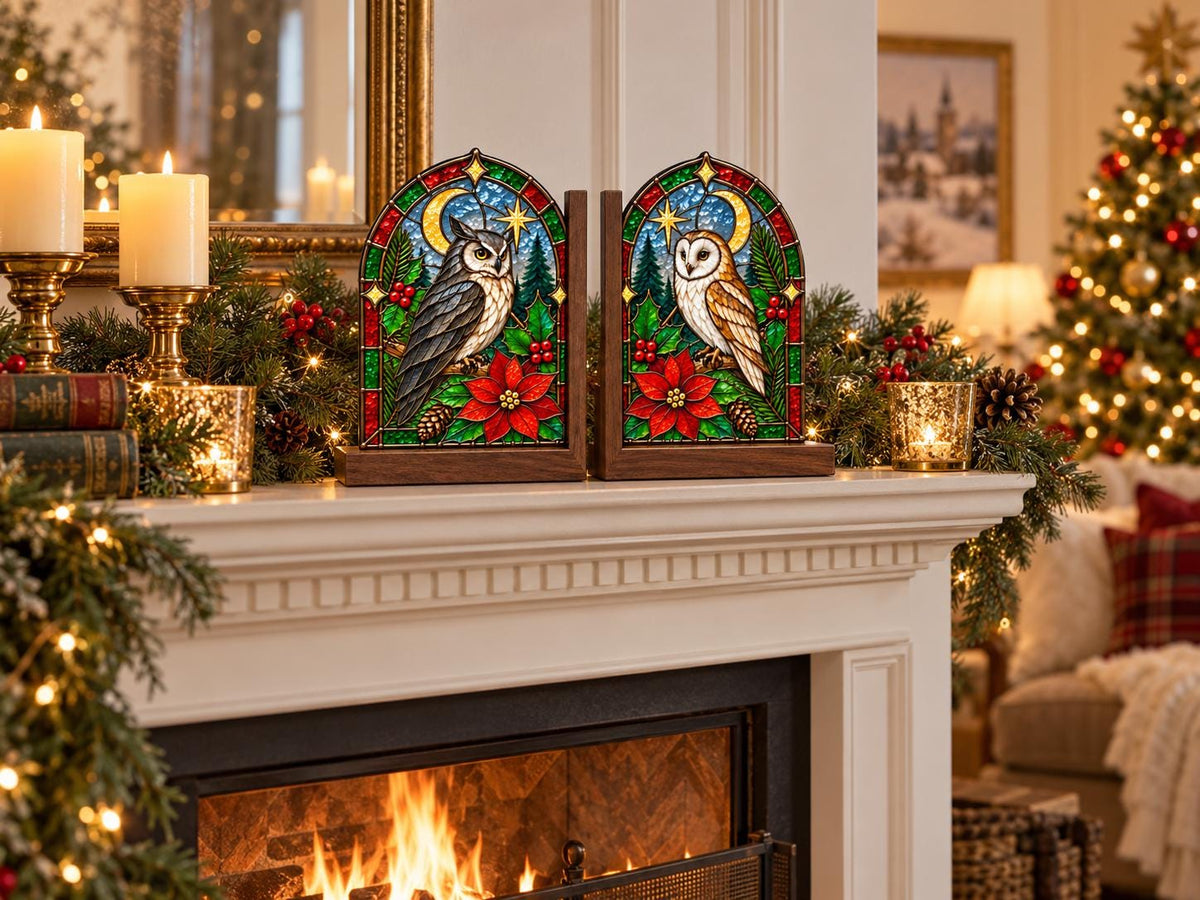 Christmas Owl glass bookend set near a bright window