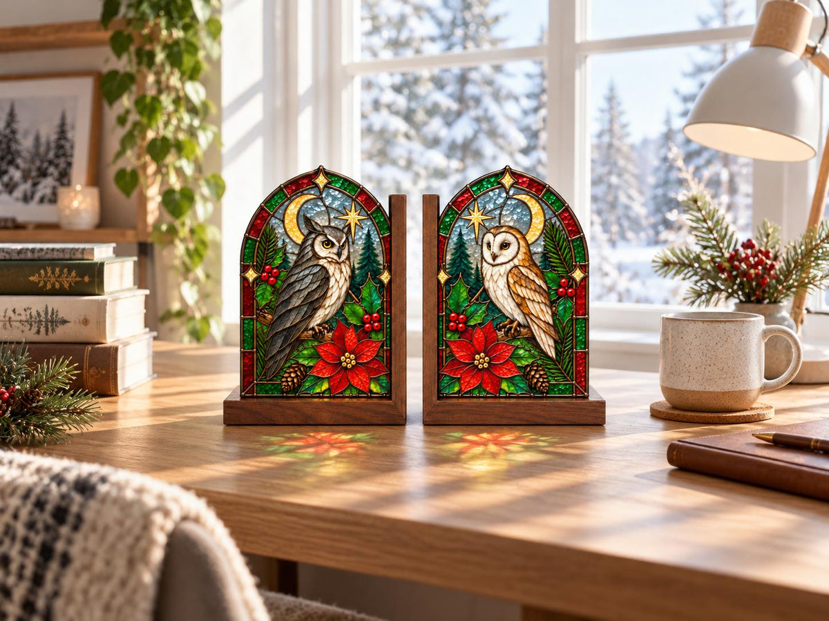 Christmas Owl stained glass bookend set in a styled home interior