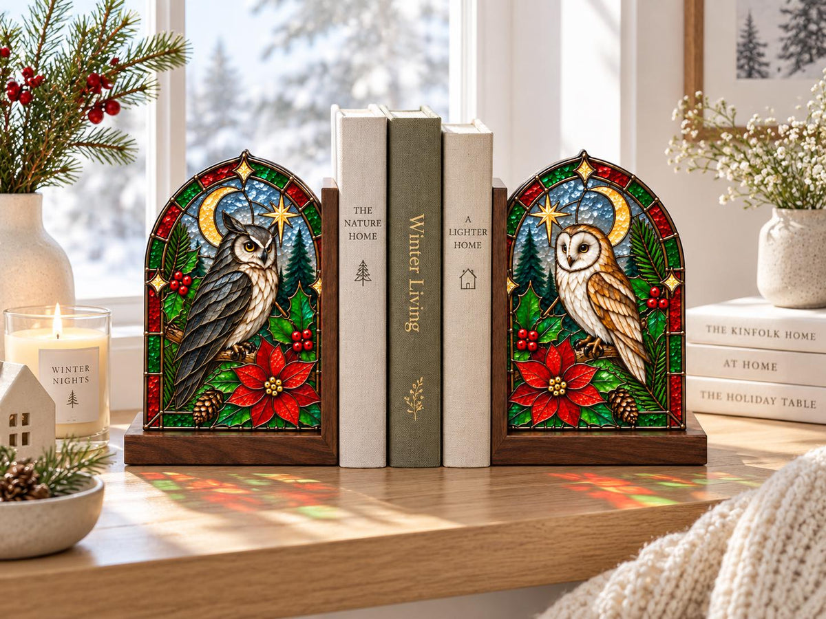Scale or packaging view for the christmas owl bookend set
