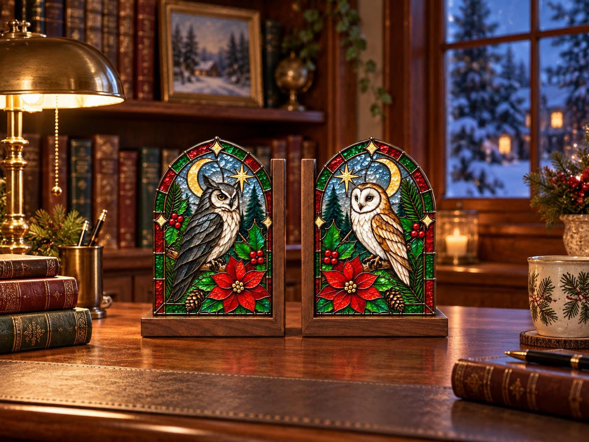 Christmas Owl bookend set arranged for indoor display