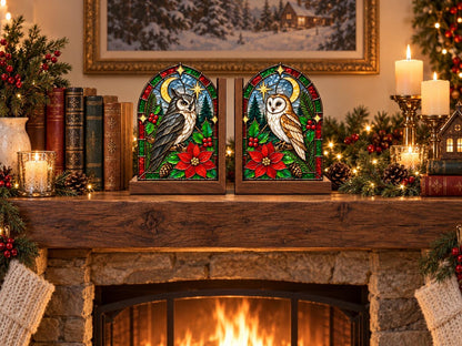Detail view of the christmas owl stained glass artwork