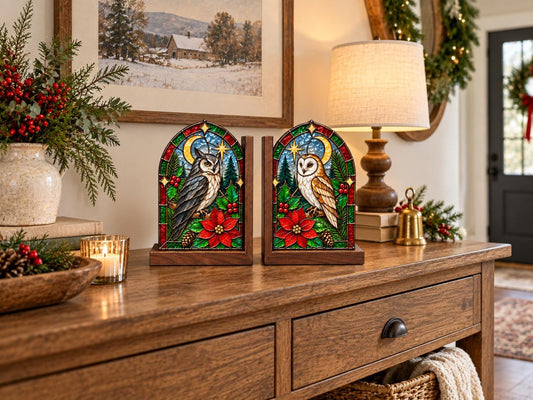 Christmas Owl Stained Glass Bookends with Wood Bases displayed in natural light