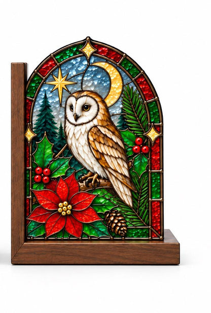 Close view showing color and texture in the christmas owl design