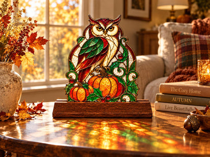 Owl Pumpkin Stained Glass Tabletop Decor with Wood Base displayed in natural light