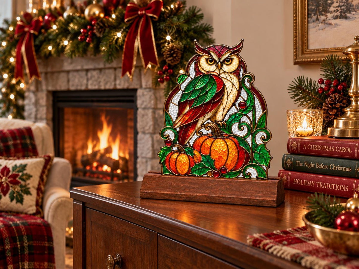 Angled view of the owl pumpkin glass artwork