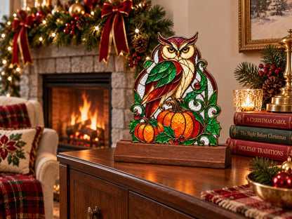 Angled view of the owl pumpkin glass artwork