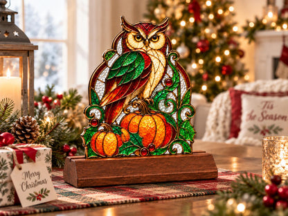 Owl Pumpkin glass tabletop glass decor near a bright window