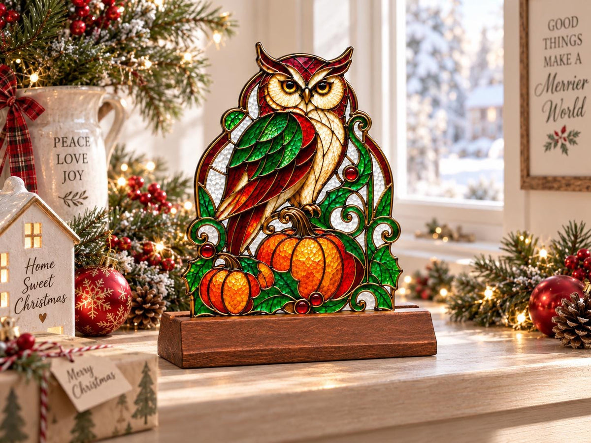Owl Pumpkin tabletop glass decor arranged for indoor display