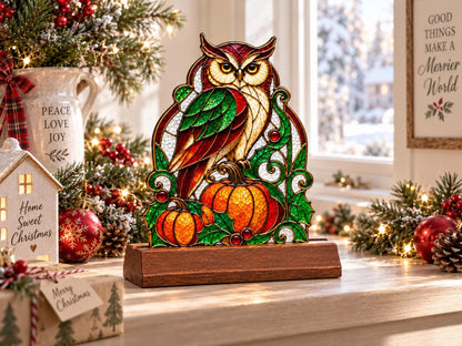 Owl Pumpkin tabletop glass decor arranged for indoor display