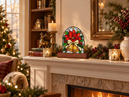 Front view of the poinsettia bell christmas stained glass tabletop glass decor