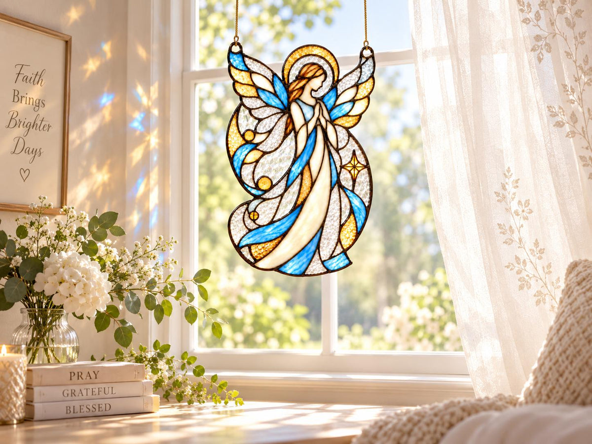 Angel glass suncatcher suspended by two chains near white flowers