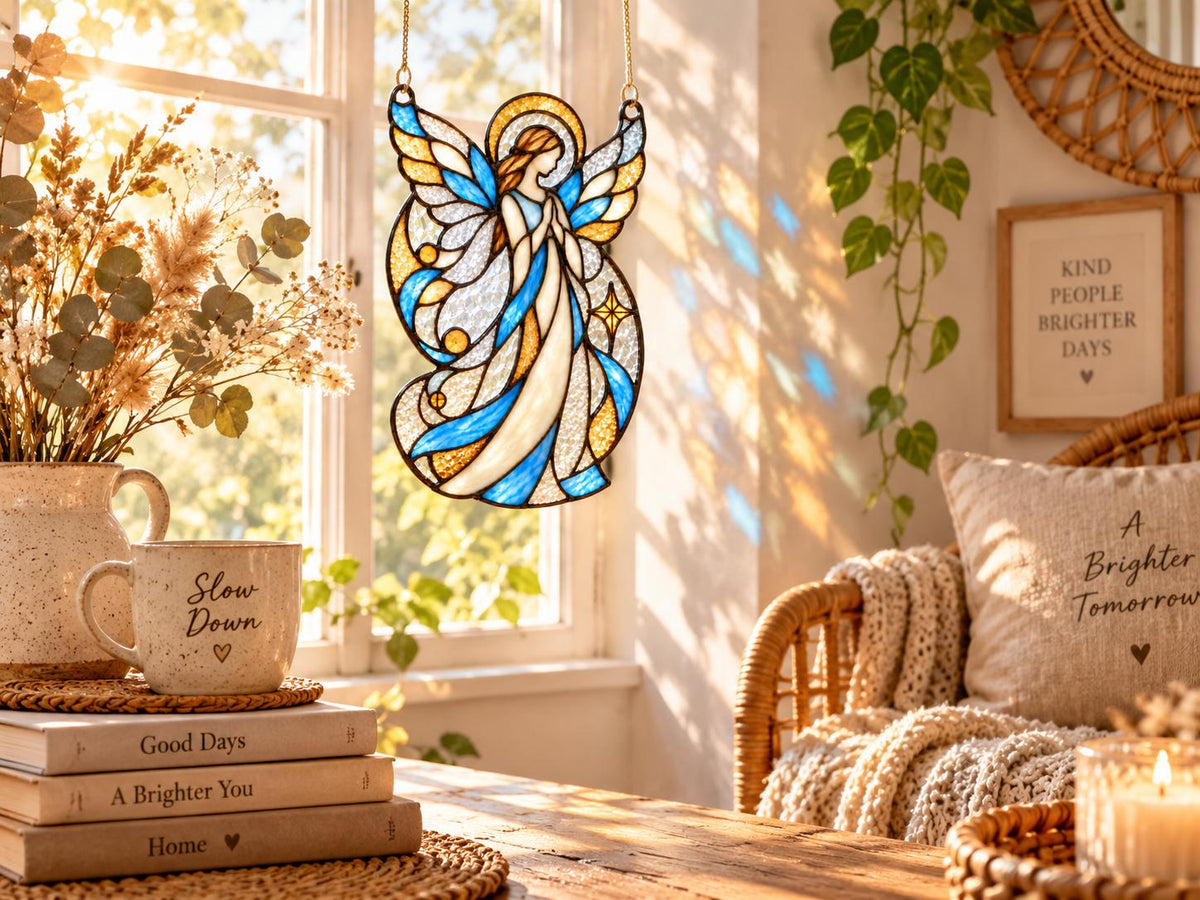 Blue and Gold Praying Angel Stained Glass Suncatcher